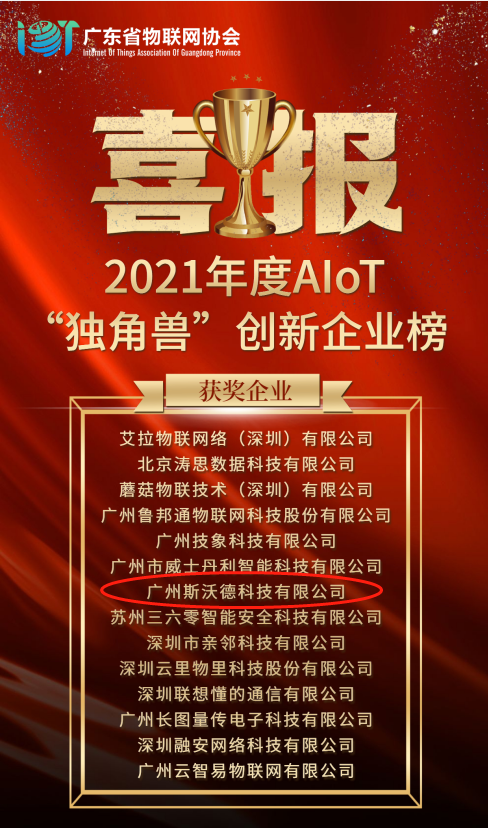 再摘殊榮！斯沃德科技獲“2021 AIoT獨(dú)角獸創(chuàng)新企業(yè)獎(jiǎng)”